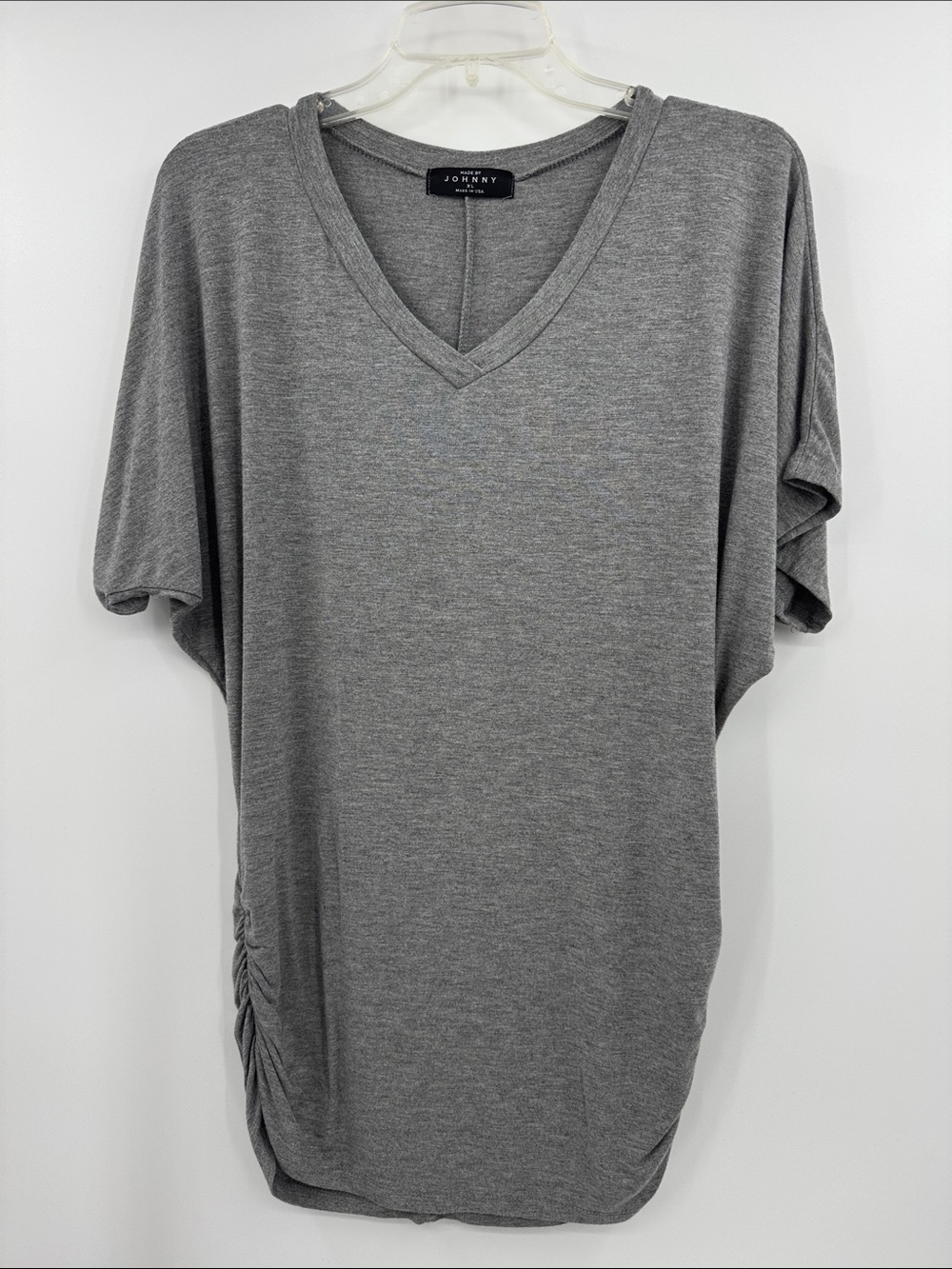 Made By Johnny V neck Tee Shirt bat w/wing Sleeve Soft material  Ruched Sides XL